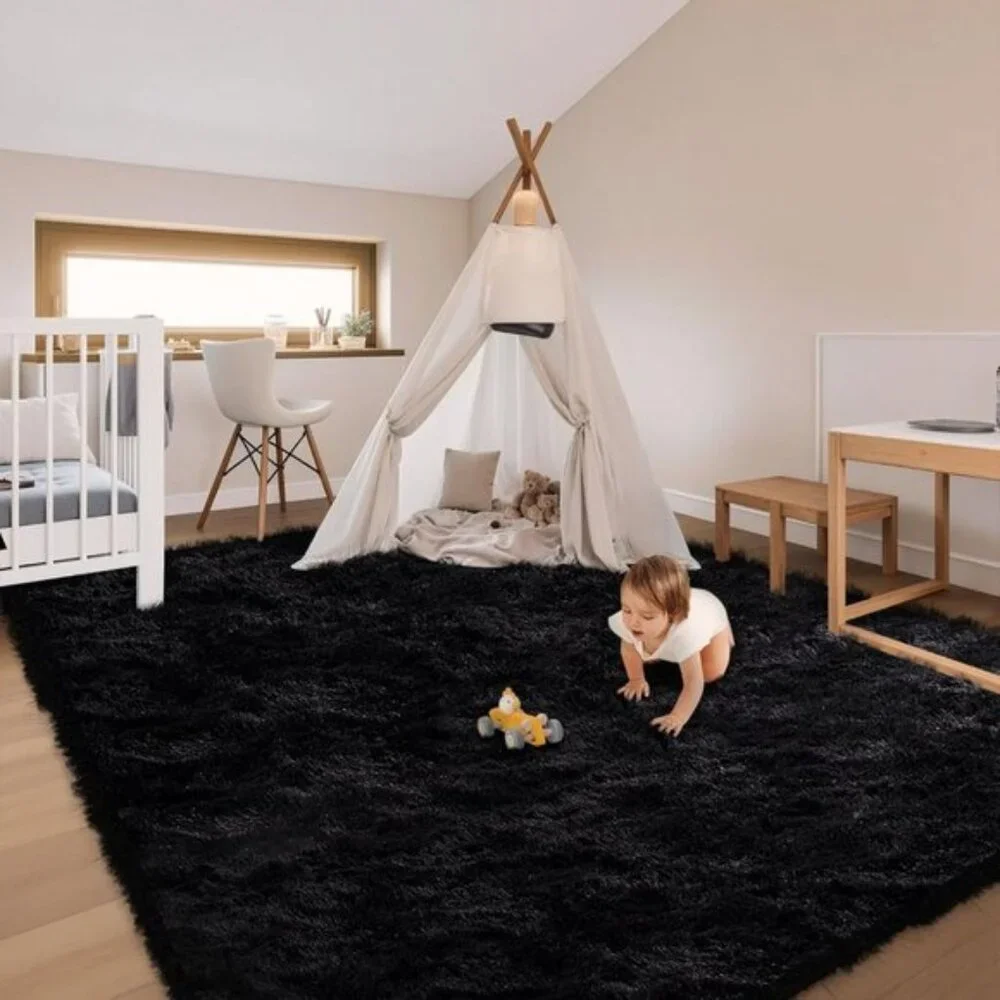 New Soft Black 4x6 Area Rug, Non-Slip Shaggy Plush Rug for Living Room, Bedroom